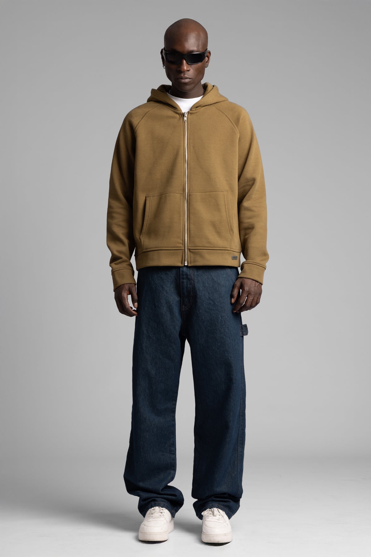 Diyagonal Dokulu Fermuarlı Kapüşonlu Sweatshirt