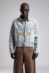 Büyük Ön Cepli Nakışlı Denim Ceket