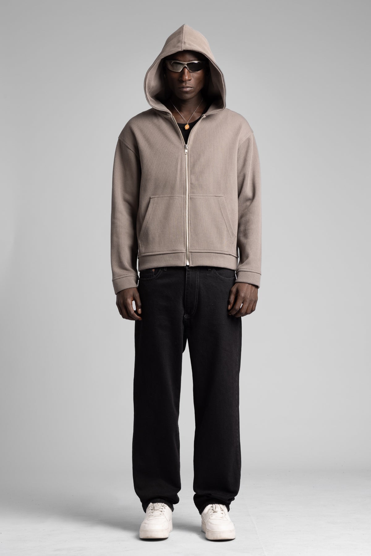 Diyagonal Kapüşonlu Fermuarlı Sweatshirt
