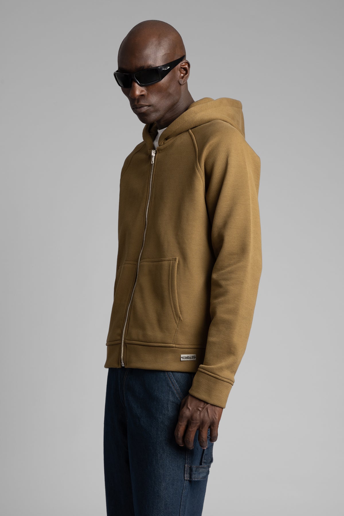 Diyagonal Dokulu Fermuarlı Kapüşonlu Sweatshirt