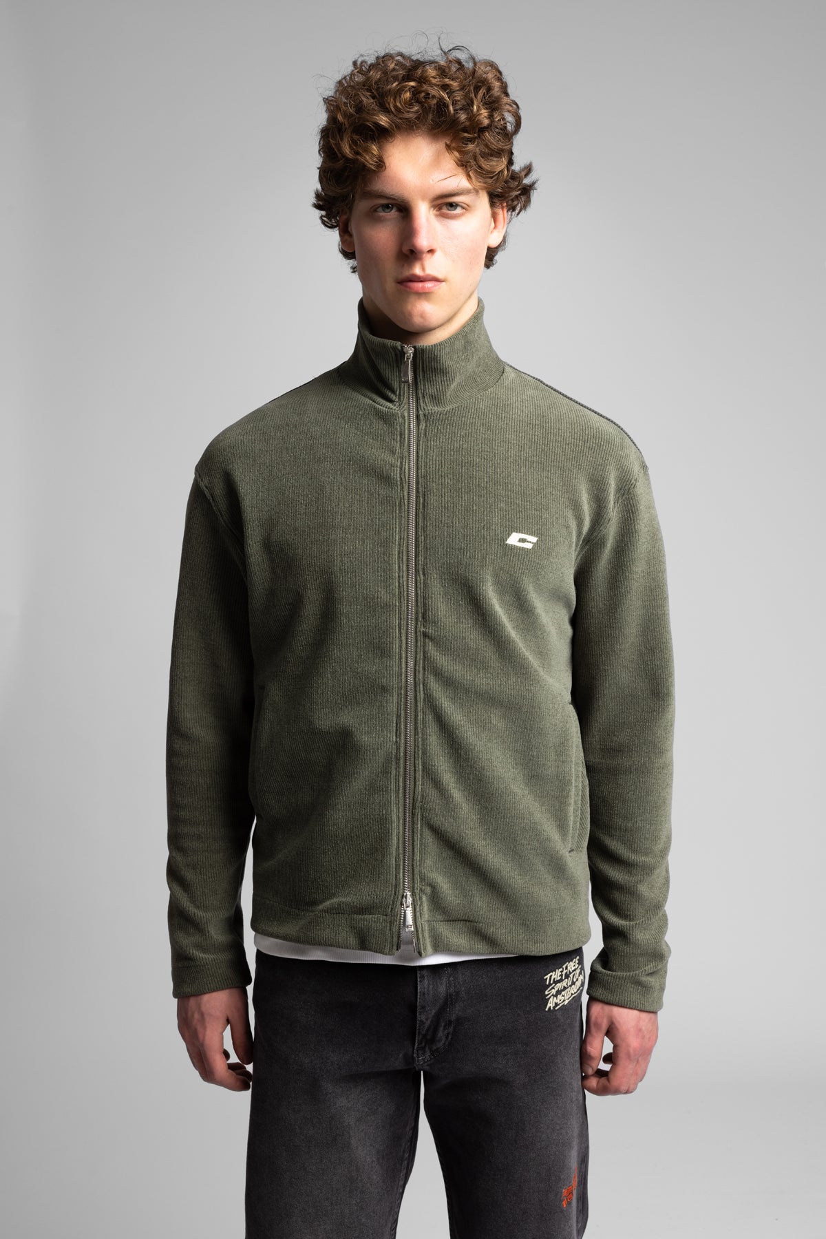 Dik Yaka Fermuarlı Fitilli Sweatshirt