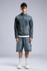 Nakış Detaylı Biker Form Denim Ceket