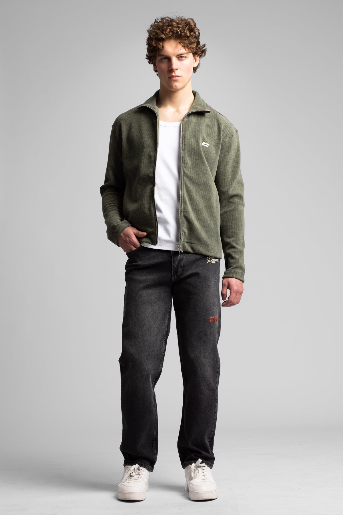 Dik Yaka Fermuarlı Fitilli Sweatshirt