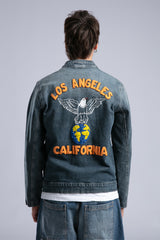 Nakış Detaylı Biker Form Denim Ceket