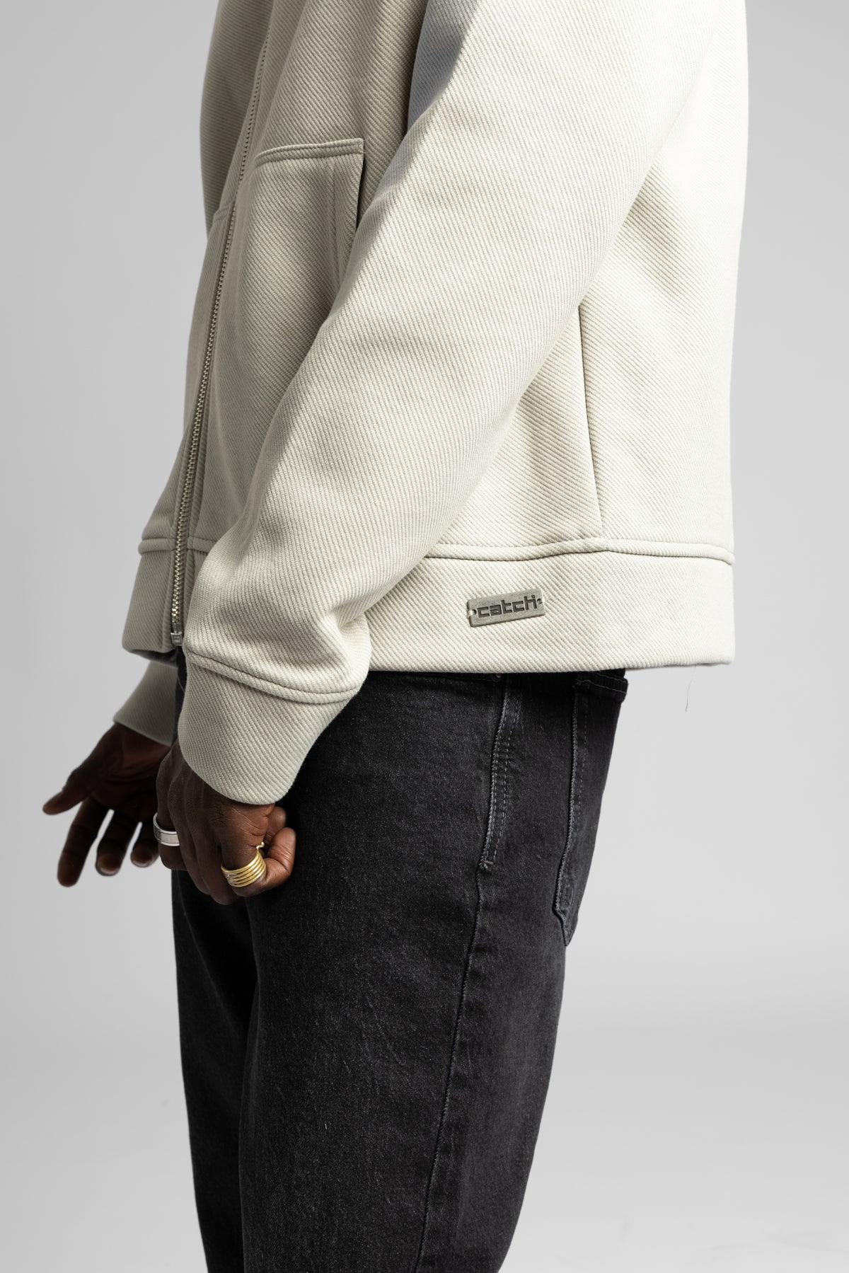 Diyagonal Dokulu Fermuarlı Kapüşonlu Sweatshirt