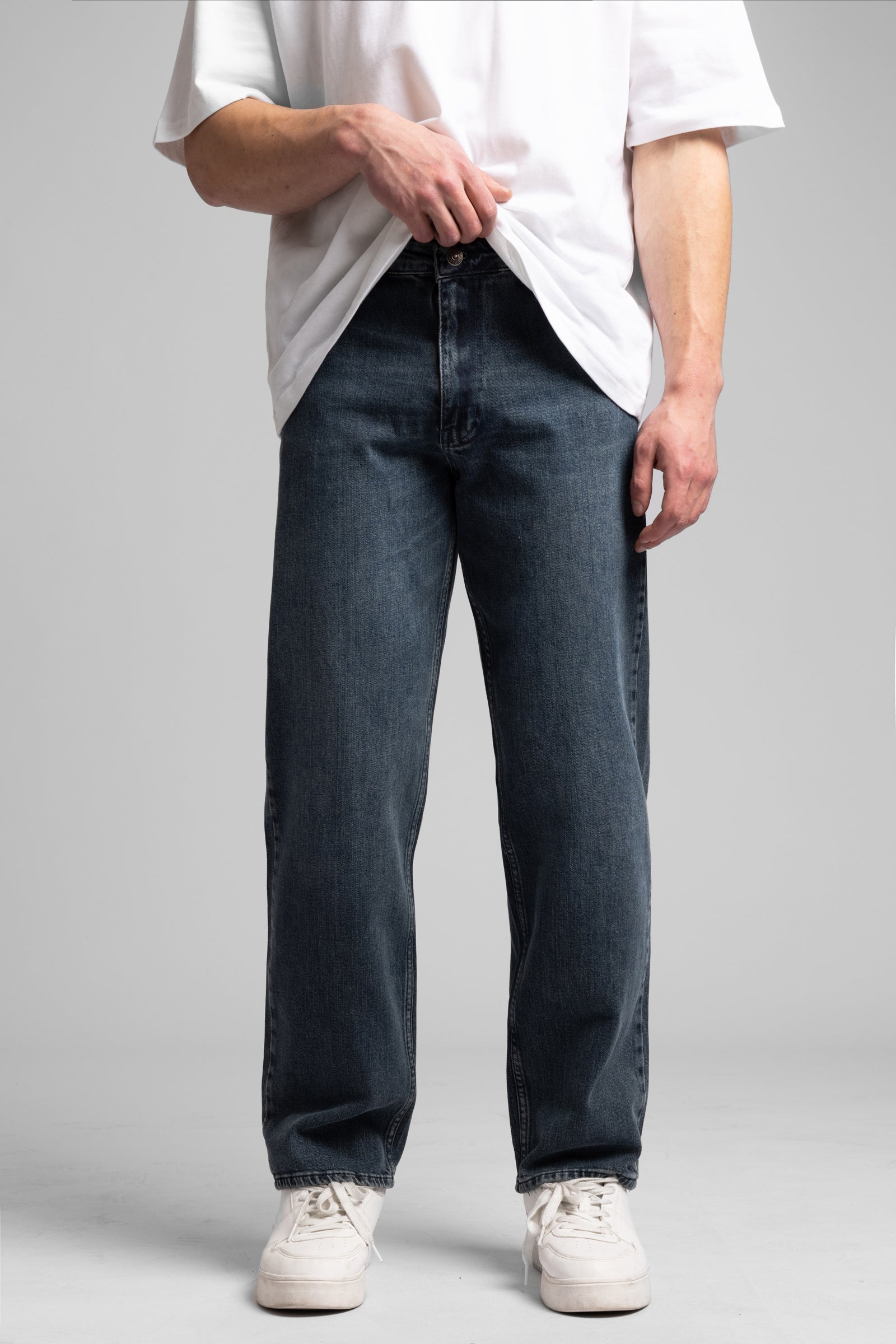 Taşlanmış Koyu Mavi Baggy Fit Jean