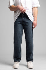 Taşlanmış Koyu Mavi Baggy Fit Jean
