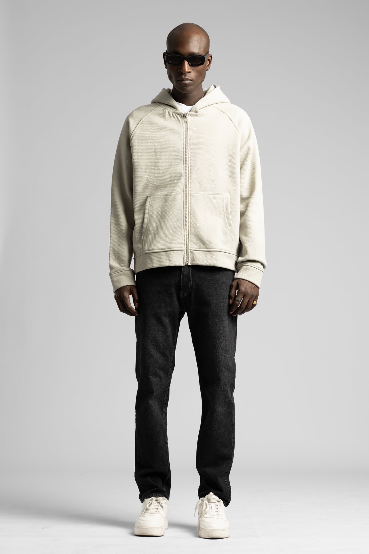 Diyagonal Dokulu Fermuarlı Kapüşonlu Sweatshirt