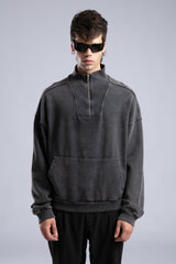 Yarım Fermuarlı Yıkamalı Sweatshirt