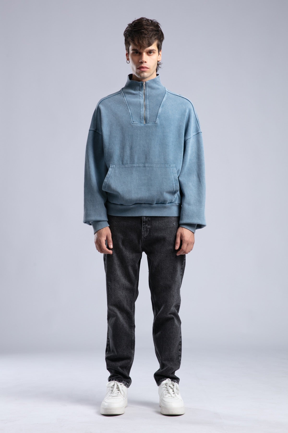 Yarım Fermuarlı Yıkamalı Sweatshirt