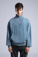 Yarım Fermuarlı Yıkamalı Sweatshirt