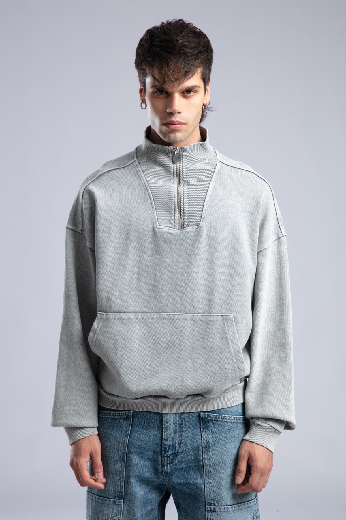 Yarım Fermuarlı Yıkamalı Sweatshirt