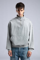 Yarım Fermuarlı Yıkamalı Sweatshirt