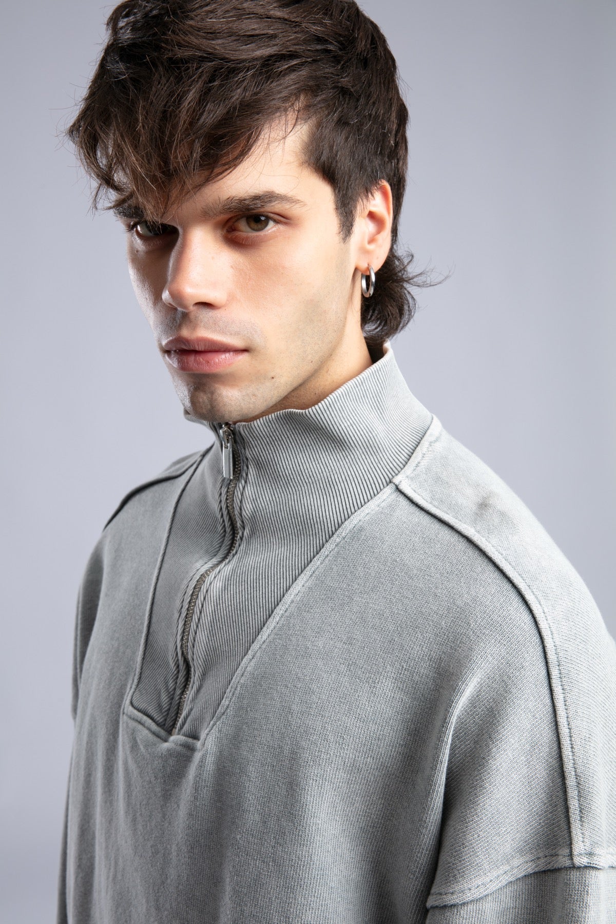 Yarım Fermuarlı Yıkamalı Sweatshirt