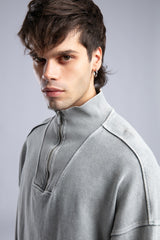 Yarım Fermuarlı Yıkamalı Sweatshirt