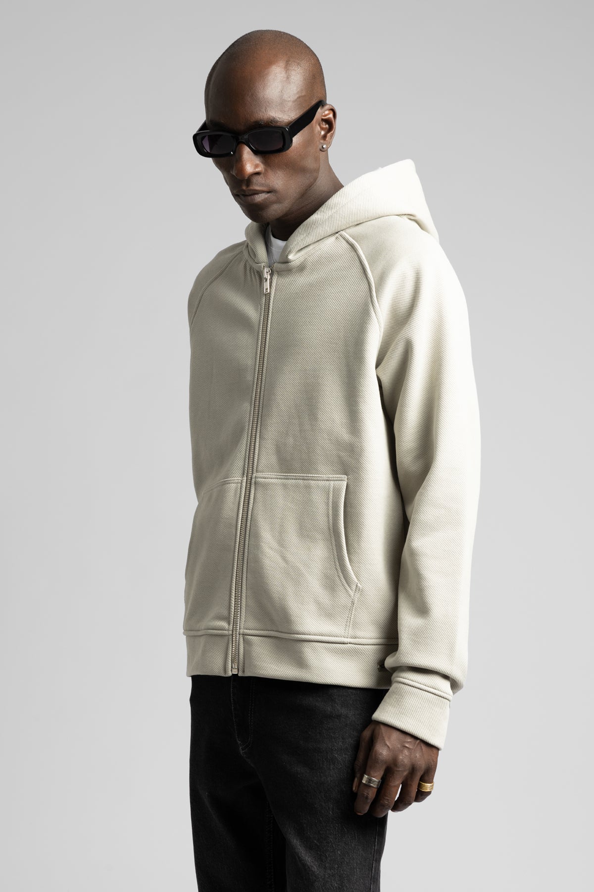 Diyagonal Dokulu Fermuarlı Kapüşonlu Sweatshirt