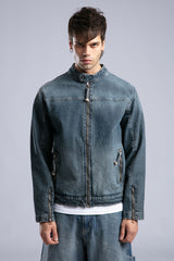 Nakış Detaylı Biker Form Denim Ceket