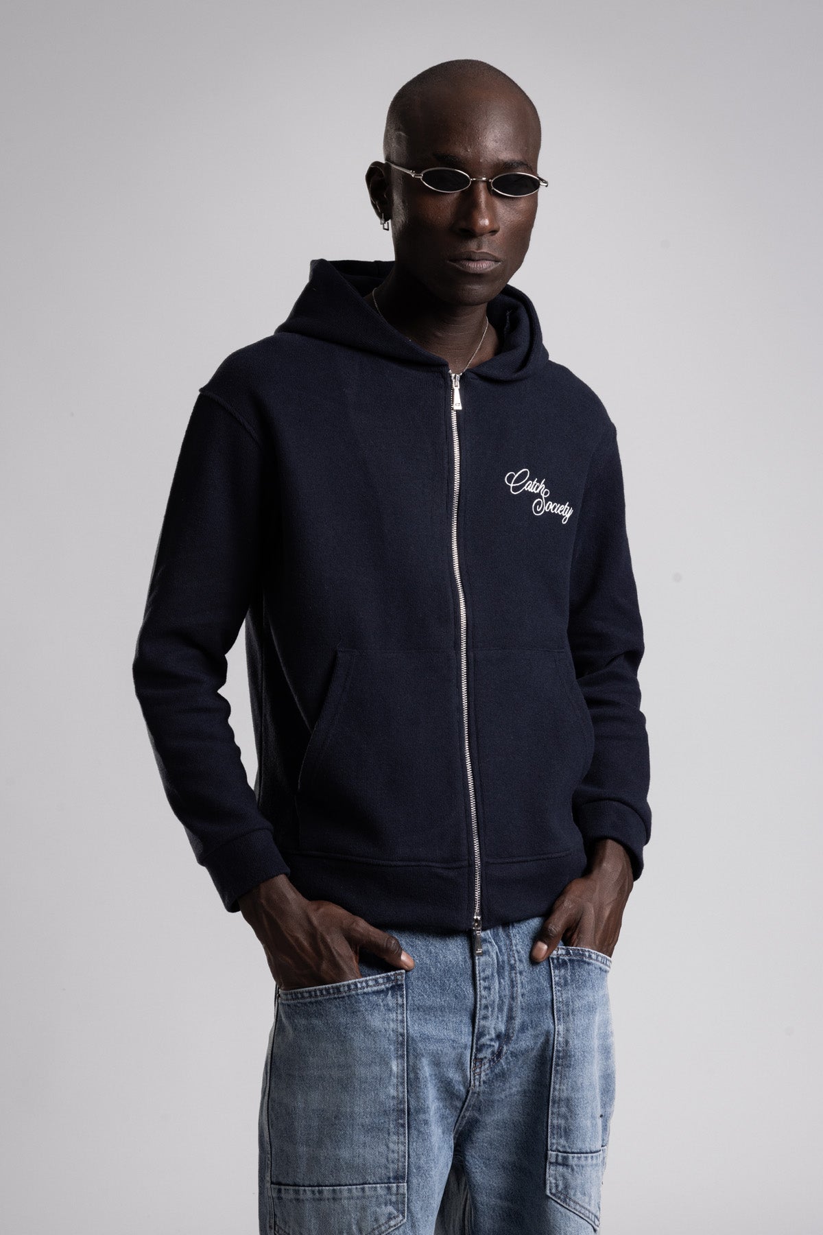 Çift Yön Fermuarlı Kapüşonlu Triko Sweatshirt
