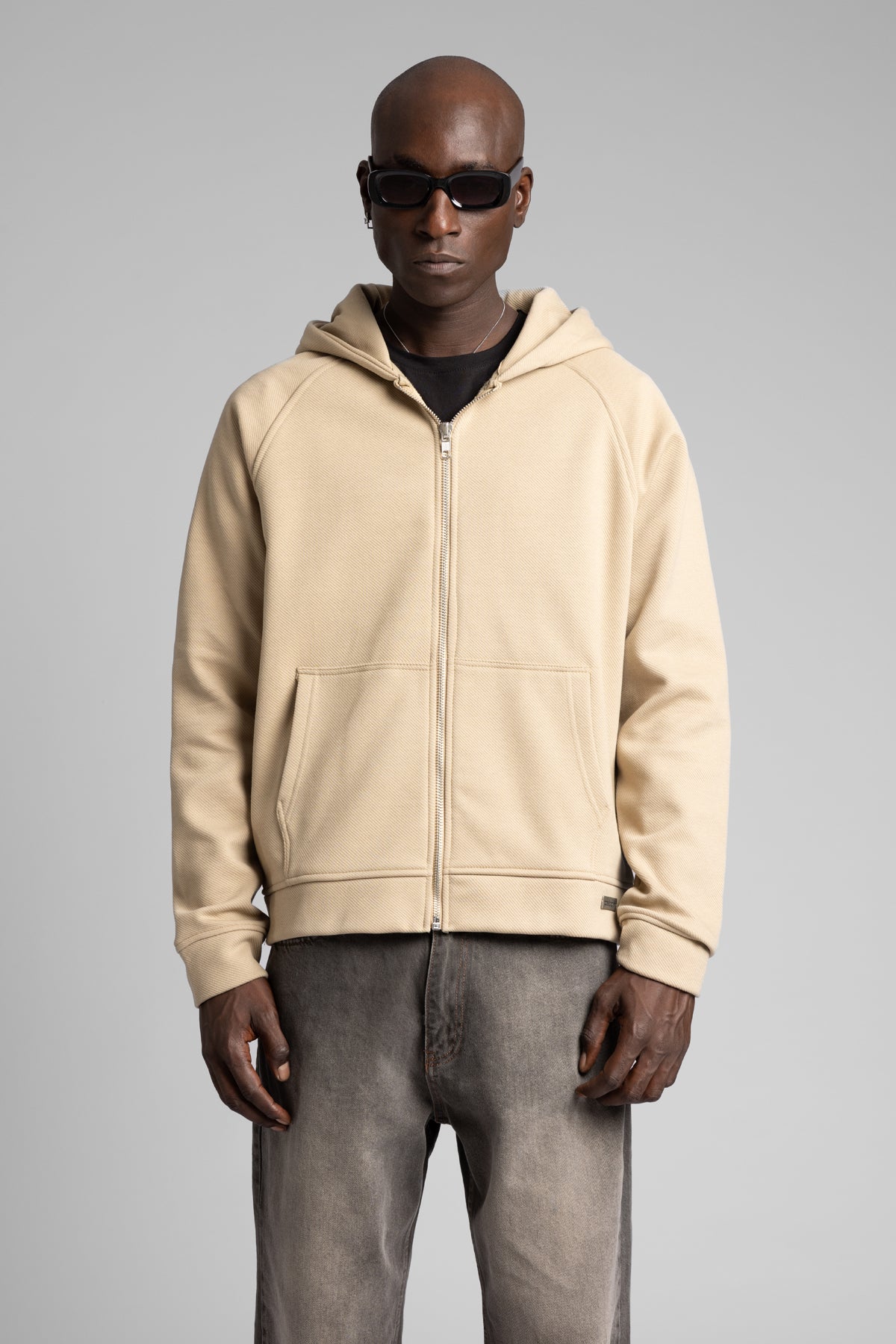 Diyagonal Dokulu Fermuarlı Kapüşonlu Sweatshirt