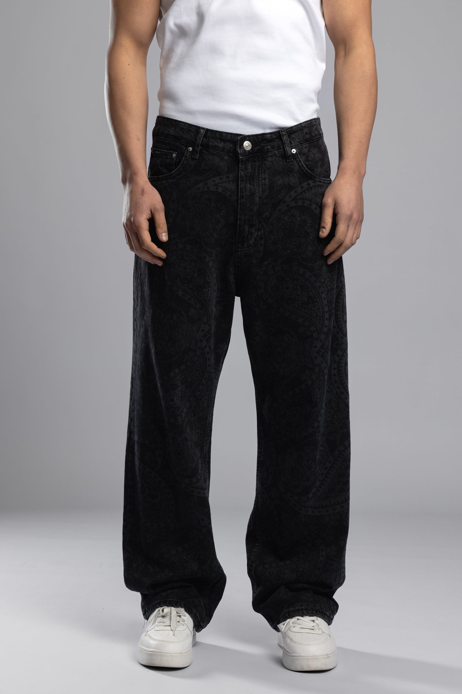 Siyah Paisley Desenli Baggy Jean