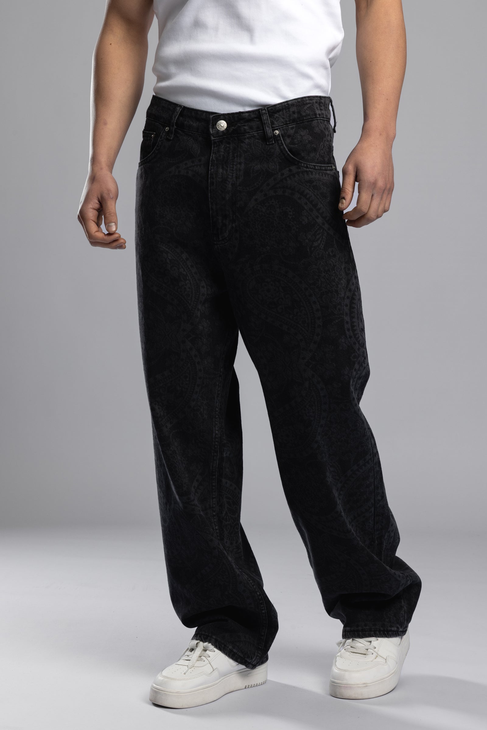 Siyah Paisley Desenli Baggy Jean